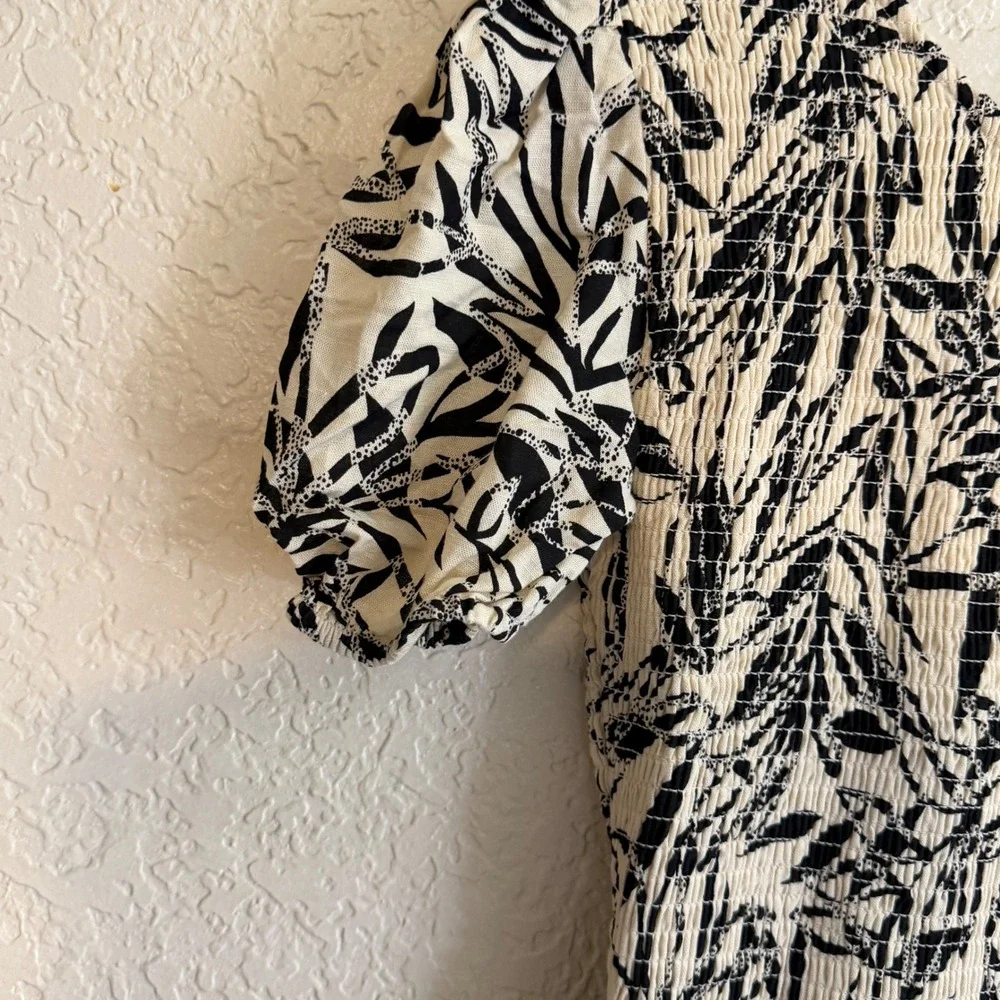 Jessica Simpson Dress Women L Black Leaf Print Smocked Waist Cutout NEW - Picture 9 of 11